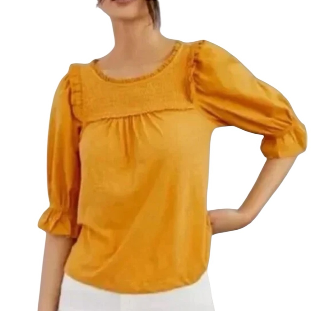 Anthropologie Women’s Mustard Gold 100% Cotton Smocked Top Size XS